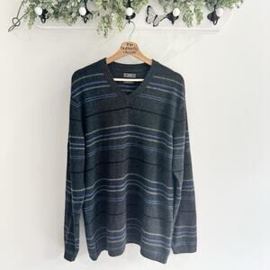 Men’s JWN 100% Cashmere Grey Blue Striped V Neck Sweater Medium K70107